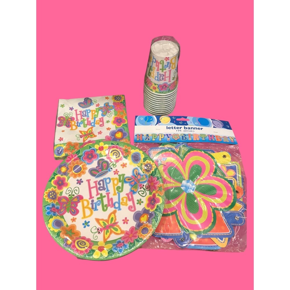 51 Pc Butterfly Birthday Flower Party Plates Napkins Cups 7 ft Banner Tableware